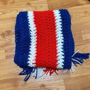 NEW Handmade Crochet Scarf with Red White 7 Blue Stripes